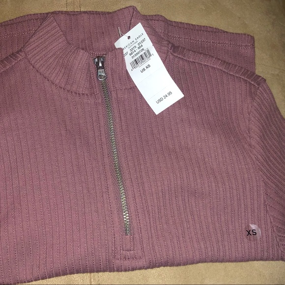 NWT AE Mock Neck Quarter Zip Cropped Tee Short Sleeve Ribbed Sz XS 0 2 - Picture 4 of 4